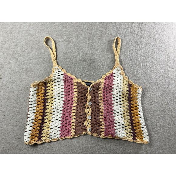 Zara Boho Open Knit Top Sz Small Neutrals Button Front Blouse Crop Festival - Picture 5 of 10